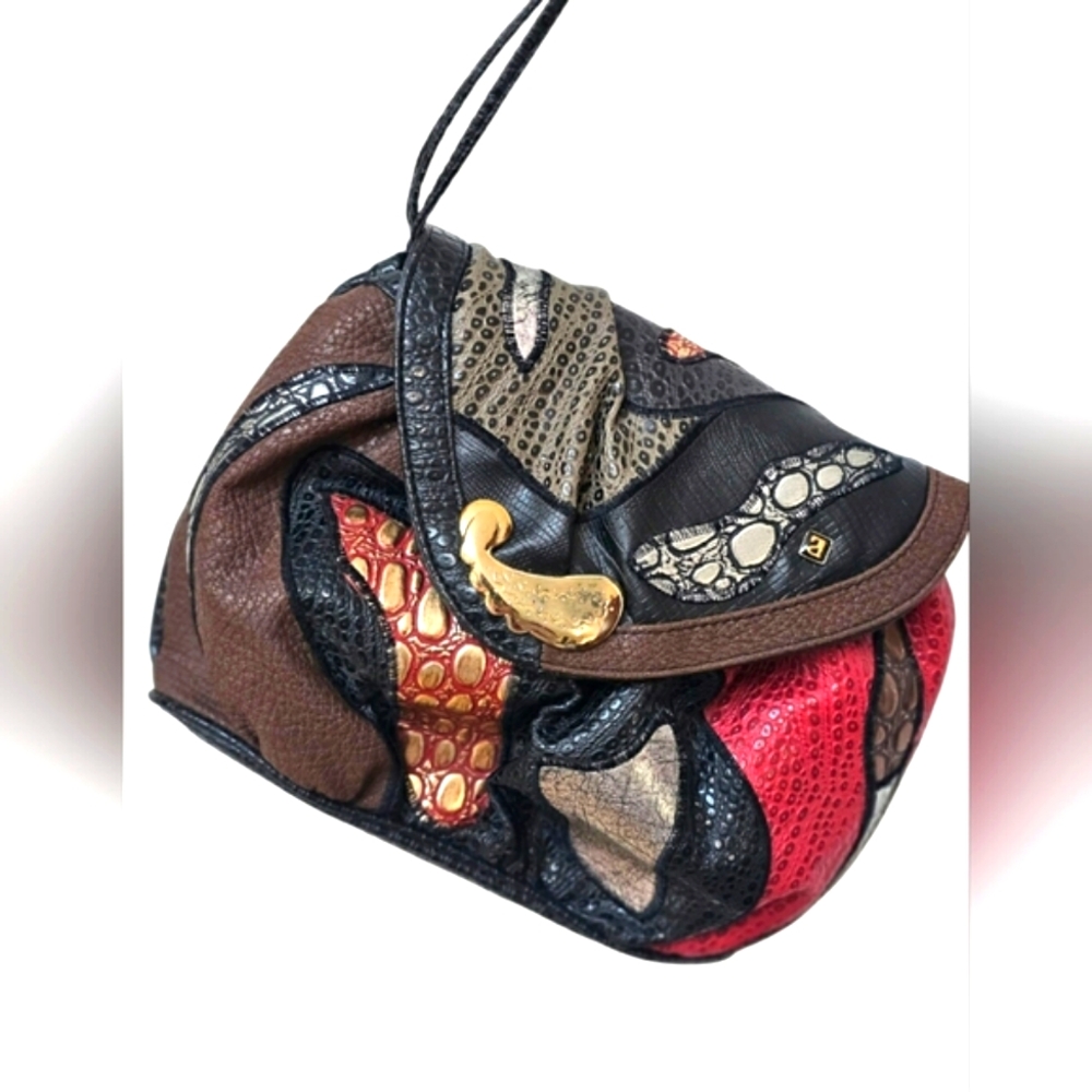 RARE Vintage NAS Alentino Black Leather Exotic Crossbody Purse Patchwork Gold - Picture 6 of 15